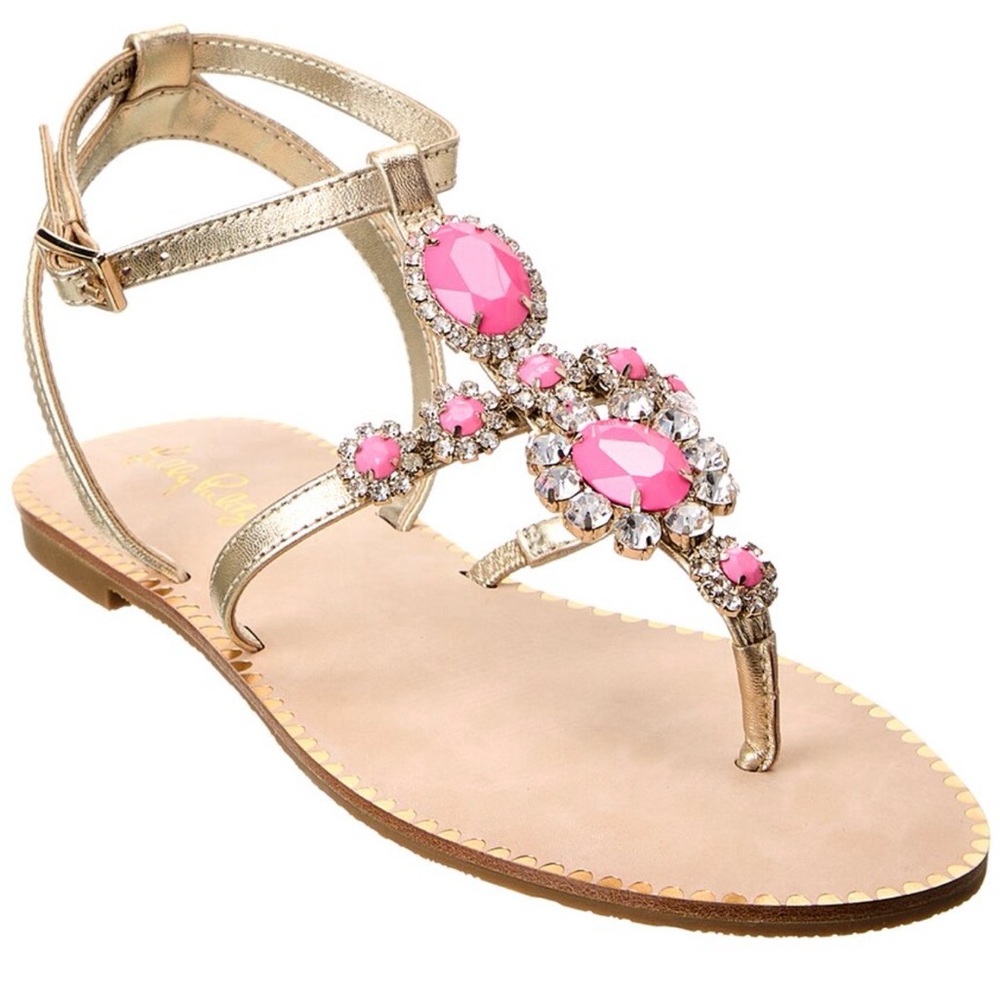 Lilly Pulitzer Katie Thong Gold and Pink Embellished Sandals